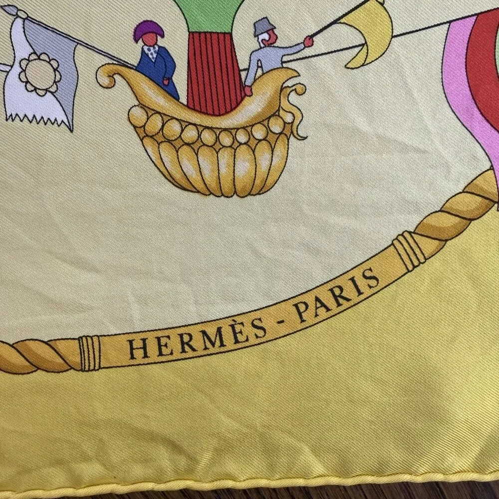 HERMES Vintage Les Folies du Ciel Yellow 90 cm Silk Square Scarf Box Good RARE - Picture 5 of 16